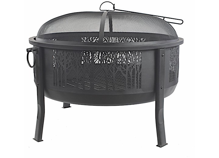 Blue Sky Outdoor Living 33” Round Barrel Wood Fire Pit with Decorative Steel Mesh Panels Main Image