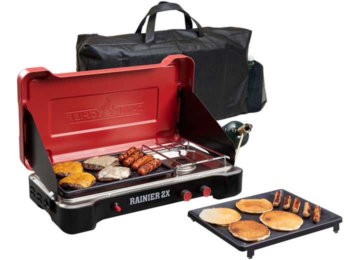 CAMP CHEF MOUNTAIN SERIES RAINIER 2X COMBO TWO BURNER COOKING SYSTEM WITH GRIDDLE & CARRY BAG