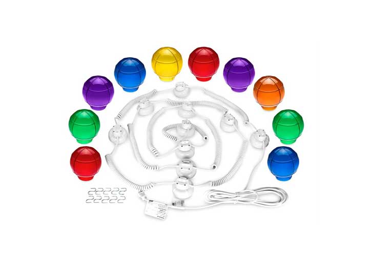 CAMCO OUTDOOR GLOBE LIGHTS - 10 MULTICOLOR GLOBES, WHITE CORD