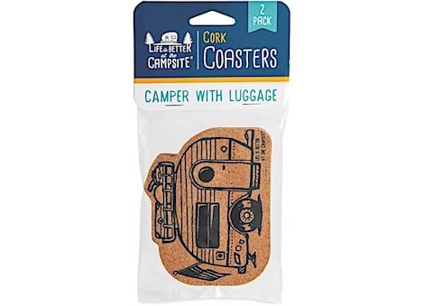 Camco LIFE IS BETTER AT THE CAMPSITE - COASTERS, CORK, 2 PACK, CAMPER W/ LUGGAGE