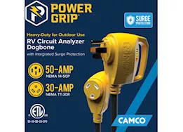 Camco Power grip dogbone 50am/30af 18in analyzer/surge protect adapter