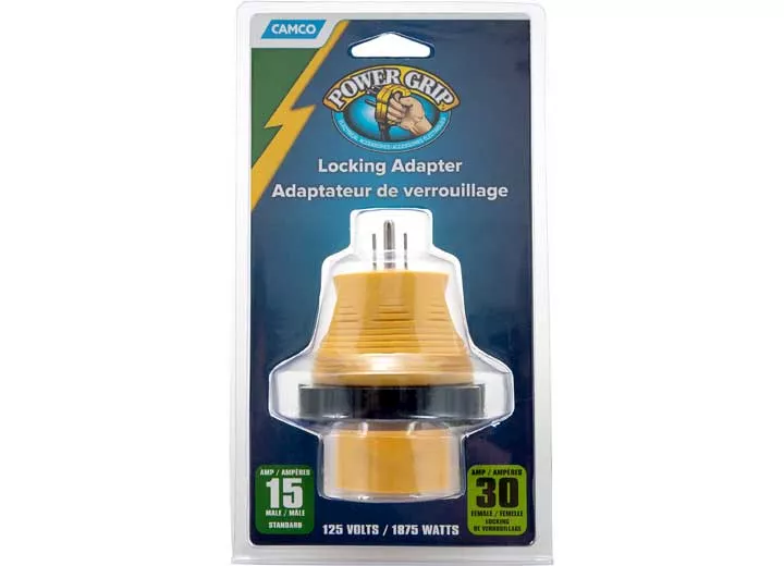 Camco Locking powergrip adapter, 5-15p x l5-30r (e/f), 15a male-30a female