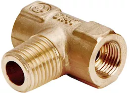 Dicor Brass fitting, t conn, 1/4in invert flare x 1/4in invert flare x 1/4in mpt. used for 2 cyl app