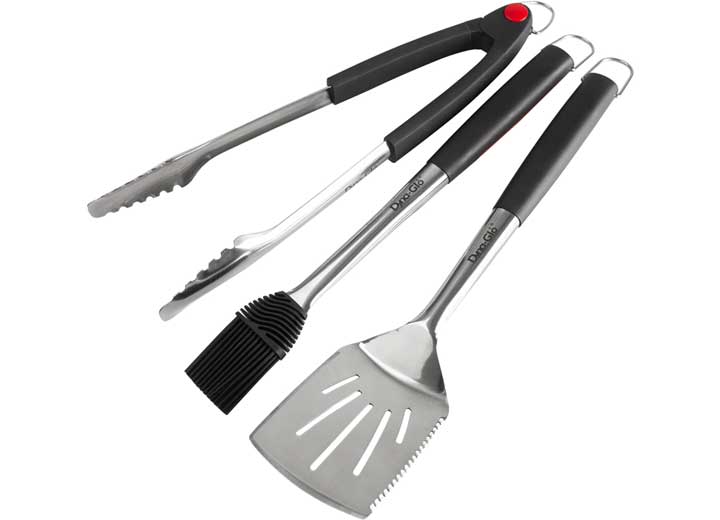 DYNA-GLO 3-PIECE STAINLESS STEEL GRILL SET – TONGS, SPATULA, & BASTING BRUSH WITH SILICONE HANDLES