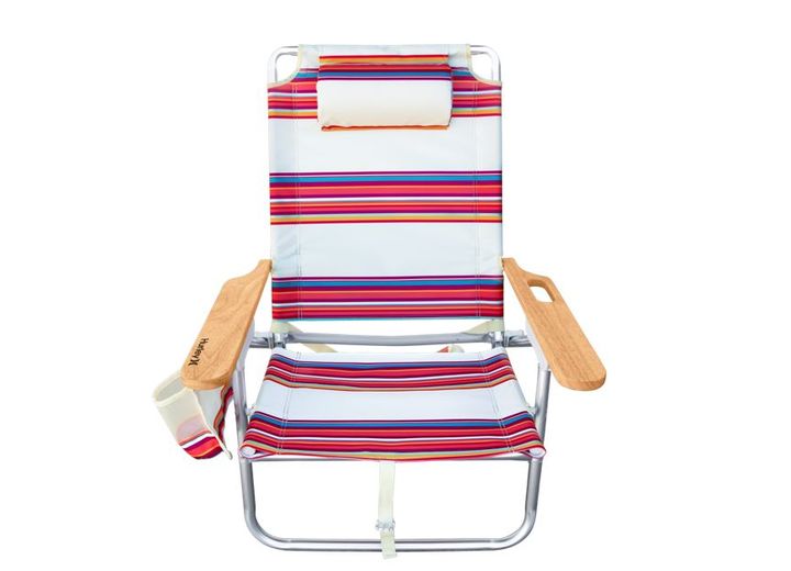 E-Z UP HURLEY MID-HEIGHT WOOD ARM BEACH CHAIR – ROMAN STRIPES BERRY PUNCH