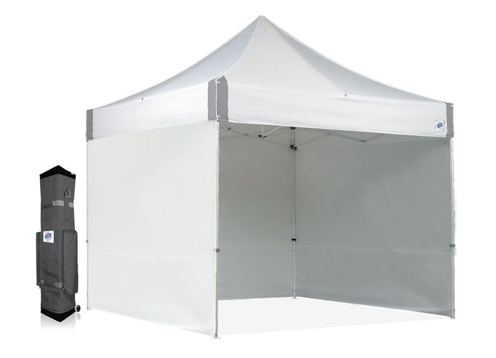 E-Z UP ES100S INSTANT COMMERCIAL CANOPY, 10FT X 10FT W/SIDEWALLS AND WIDE-TRAX ROLLER BAG, WHITE