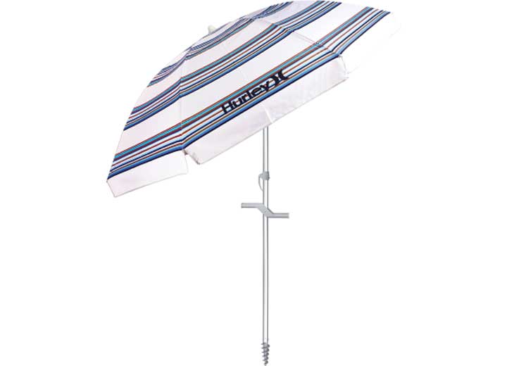 E-Z UP Hurley 8 ft. 2-Way Tilt Beach Umbrella – Roman Stripes Bronzed Blues