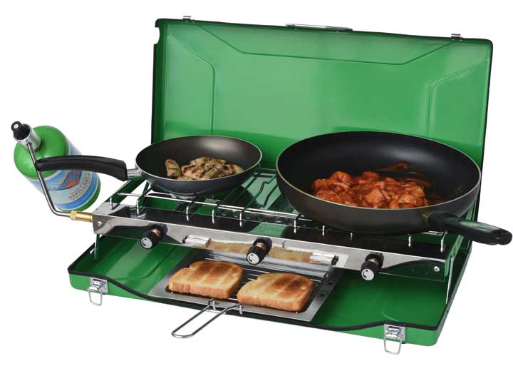 PORTABLE 3 BURNER PROPANE GAS CAMPING STOVE W/TOAST TRAY