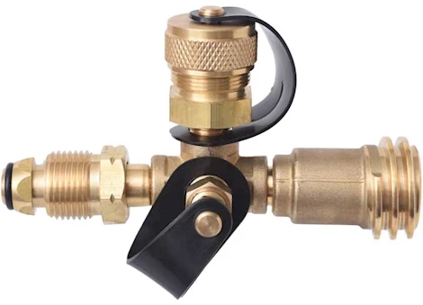 Flame King 4 PORT BRASS TEE PROPANE ADAP POL INLET, 1/4 INVERTED FEMALE FLARE INLET, QCC OUTLET, CGA600 OUTLET