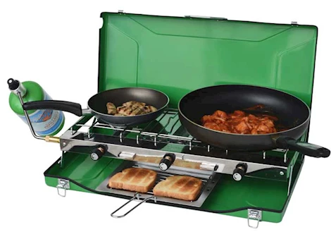 Flame King PORTABLE 3 BURNER PROPANE GAS CAMPING STOVE W/TOAST TRAY