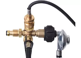 Flame King 4 port brass tee propane adap pol inlet, 1/4 inverted female flare inlet, qcc outlet, cga600 outlet