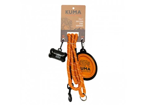 KUMA Outdoor Gear 3 in 1 Dog Leash, Collapsible Bowl, & Waste Bag Dispenser – Orange/Grey