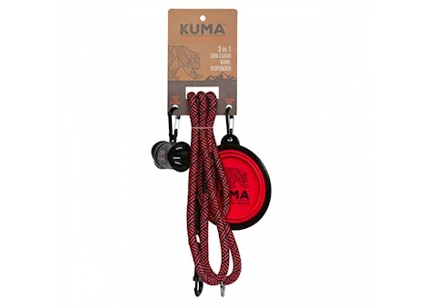 KUMA Outdoor Gear 3 in 1 Dog Leash, Collapsible Bowl, & Waste Bag Dispenser – Red/Black