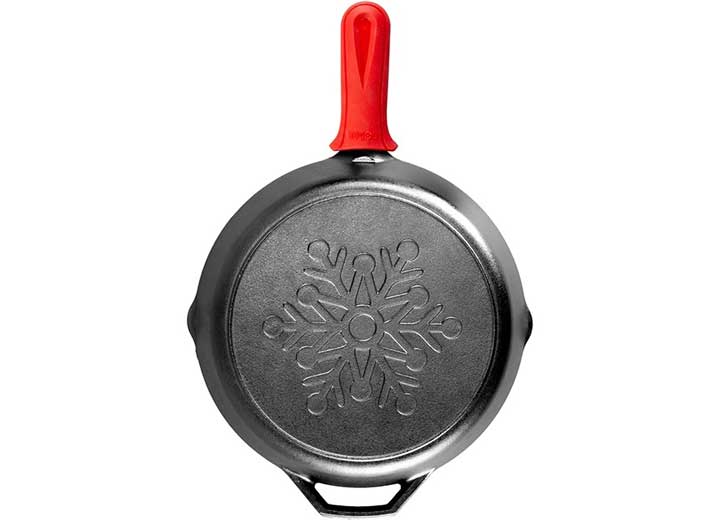 Lodge 12in cast iron snowflake skillet w/red silicone handle holder
