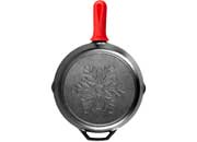 Lodge 12in cast iron snowflake skillet w/red silicone handle holder , tray pack of 4