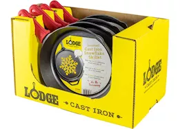 Lodge Pack of 4 12in cast iron snowflake skillet w/red silicone handle holder , tray pack of 4