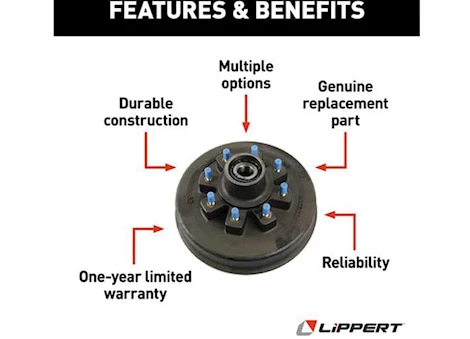 Lippert BRAKE DRUM HUB ASSEMBLY-8,000LB AXLE -8 ON 6.5, 5/8 STUD