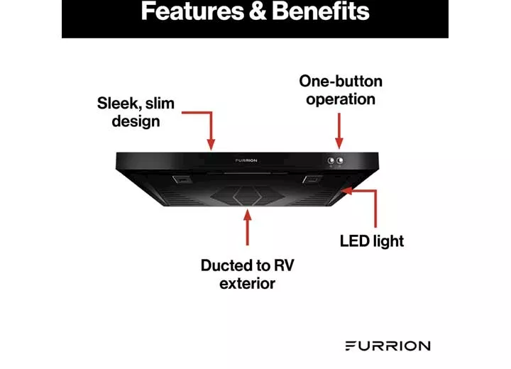 Lippert 12v range hood with charcoal filter ductless version, black