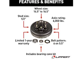 Lippert 12in brake hub 6-5.5; 1/2in stud; 6000lb w/bearing cone kit