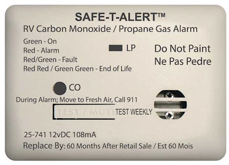 Safe-T-Alert 25 Series Mini RV Dual CO/LP Alarm - White, Surface Mount