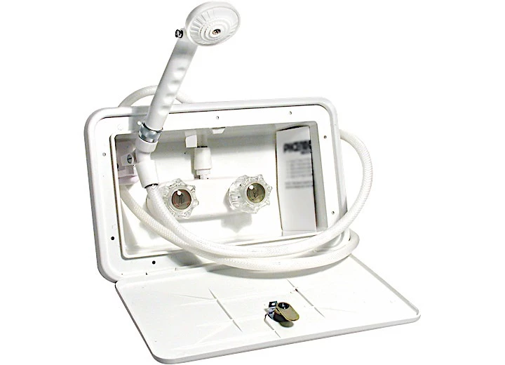 Valterra Products LLC Exterior shower box with 59in vinyl hose, 1/4 turn, plastic, white Main Image