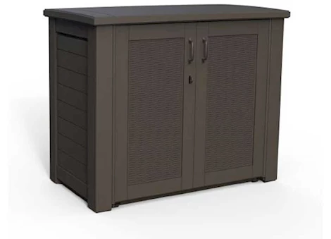 Rubbermaid Bridgeport storage cabinet rattan design resin deck box black oak Main Image
