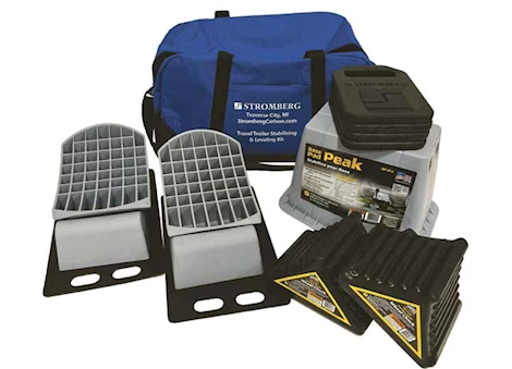 Stromberg Carlson Products, Inc Travel trailer leveler kit, includes 2 base pad levelers, 1 peak, 4 pads and 2 wheel chocks Main Image