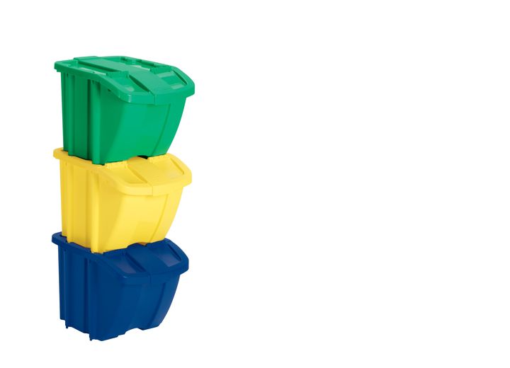 Suncast 18 gal stackable recycle bin, 3 pk, yellow, blue, green