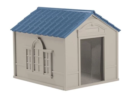 Suncast Deluxe Dog House – Light Taupe with Blue Roof Main Image