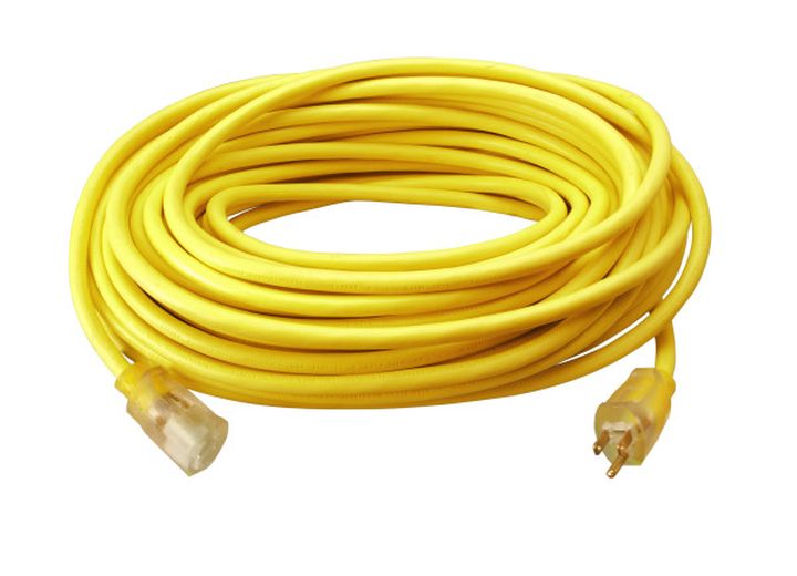 SOUTHWIRE STANDARD OUTDOOR EXTENSION CORD WITH LIGHTED END – 50 FT., 15 AMP, 12/3 GAUGE, YELLOW