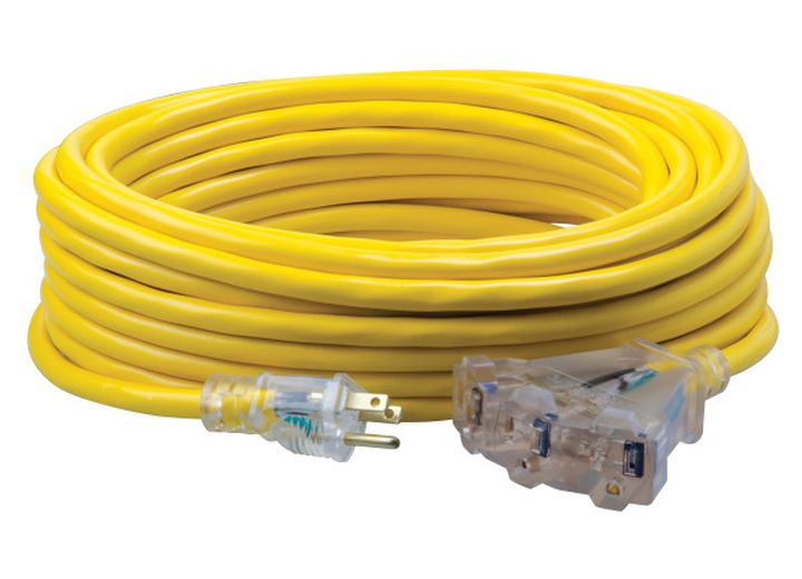 50FT SJTW 12/3 THREE-WAY POWER BLOCK W/ LIGHTED END (YELLOW)