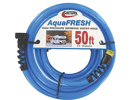 Valterra AquaFRESH High Pressure Drinking Water Hose with Hose Savers, 1/2” x 50” – Blue