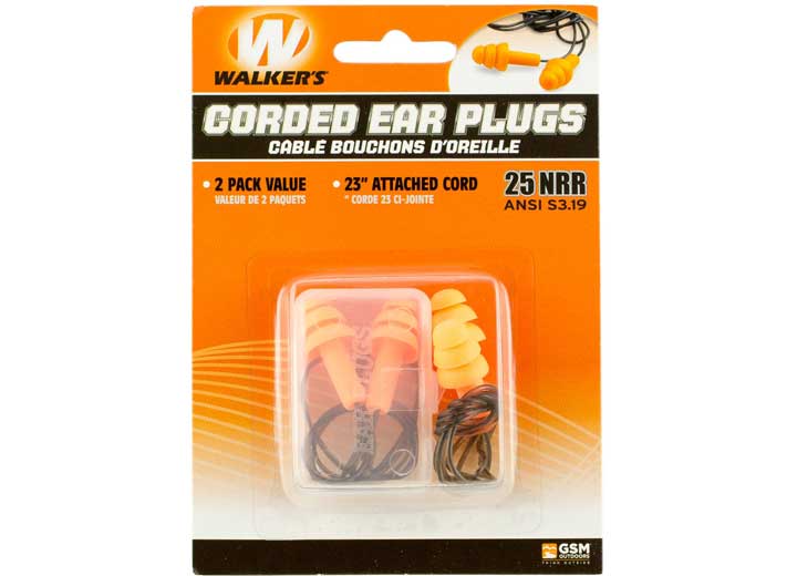 WALKER’S CORDED RUBBER EAR PLUGS (2-PAIRS) WITH PLASTIC STORAGE CASE – ORANGE